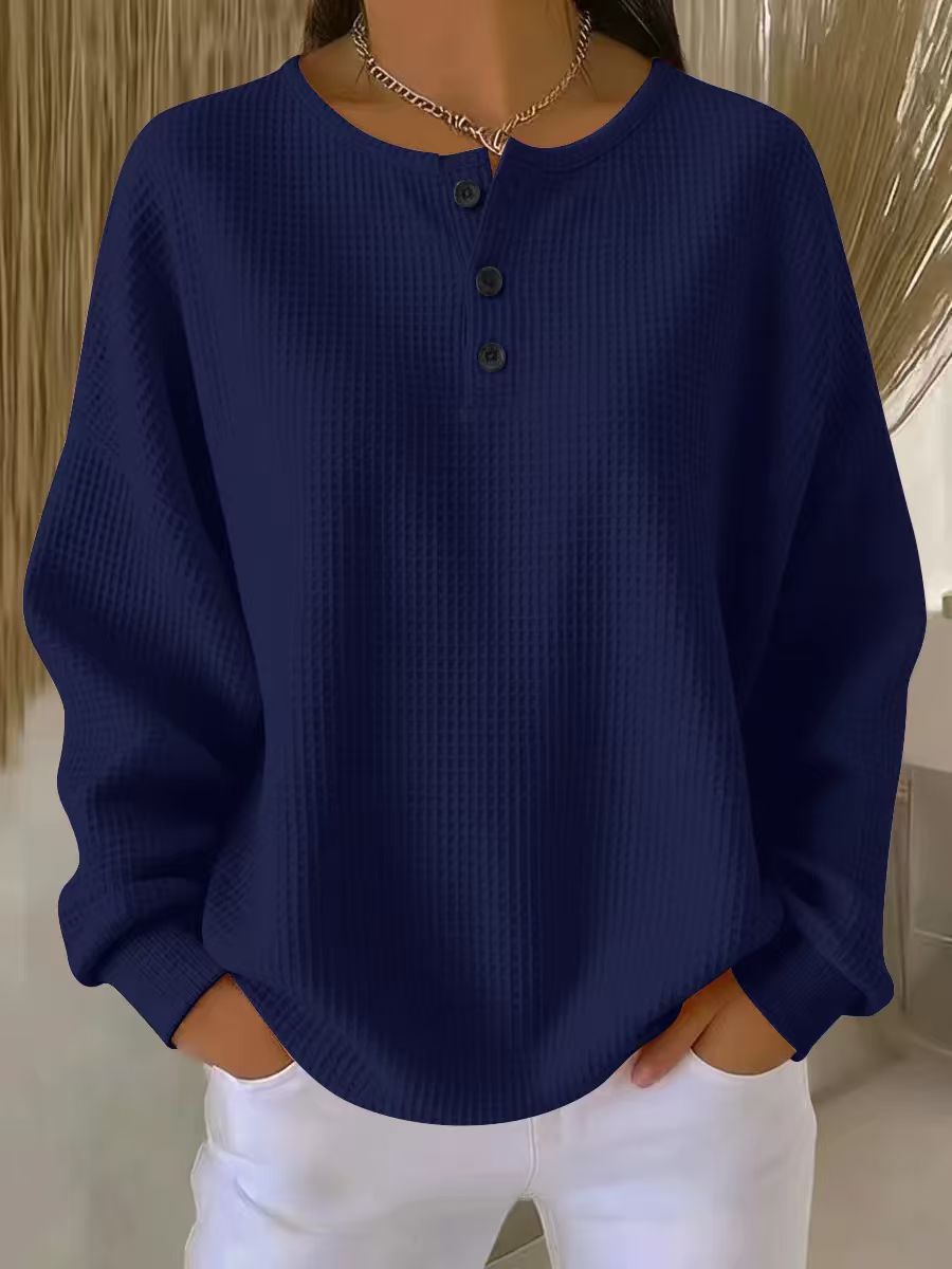 Ins Waffle Langærmet T-shirt Mode Ensfarvet Knapper Rund Hals Pullover Top Damebeklædning