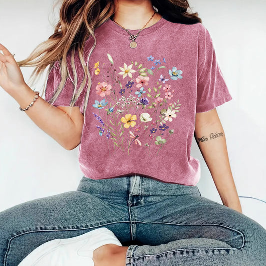 Elegant T-shirt With Floral Print, Women's Short-sleeve