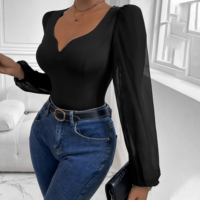 Mesh-jumpsuit til damer med V-udskæring og patchwork