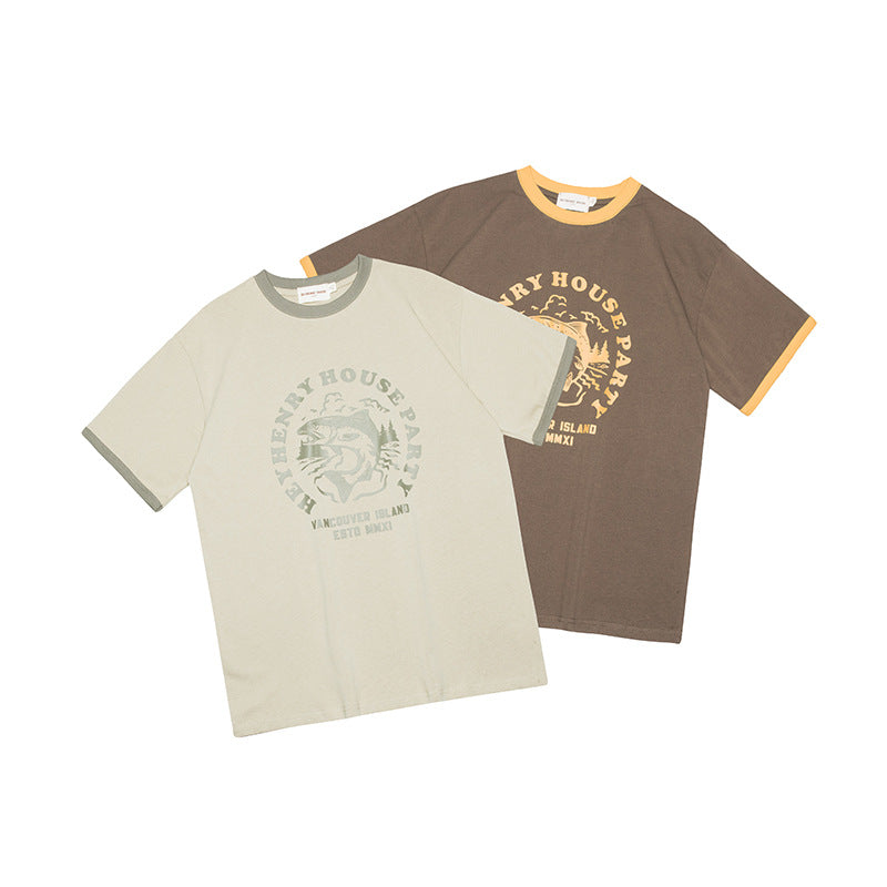 Europæisk og Amerikansk Print Farvekontrast Design Retro T-shirt