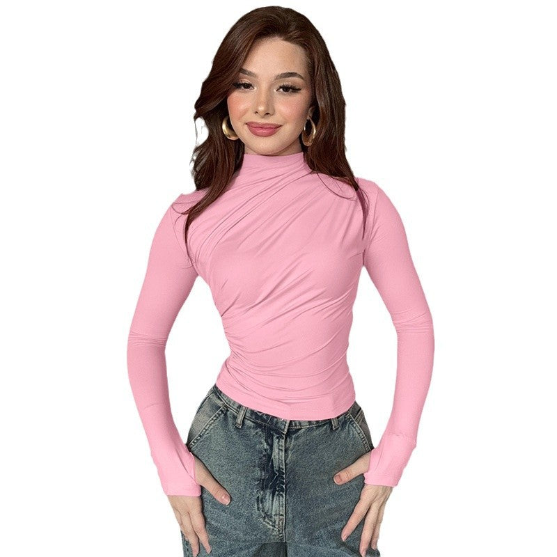 Autumn And Winter Women's Fashion Casual Slim Fit Pleated Turtleneck Long Sleeve Solid Color Top T-shirt