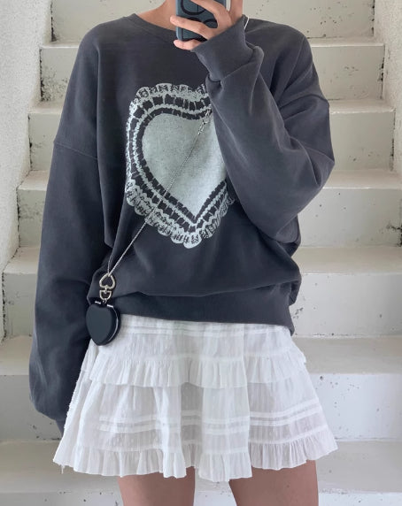 Temperament Crew Neck Heart Printing Design Loose And Lazy Style Versatile Long Sleeve