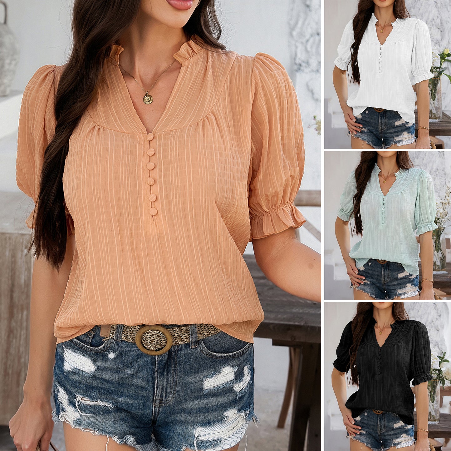 Temperament Leisure Commute Style Horn Half Sleeve Shirt