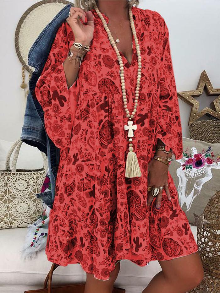 Printed Pointed Collar Button Ruffled Loose Dress