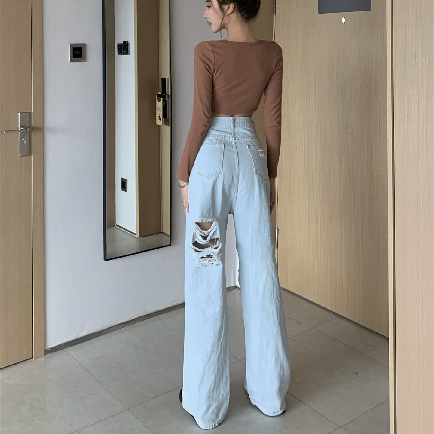 Ripped Straight Højtaljede Wide Leg-bukser Løse Mopping