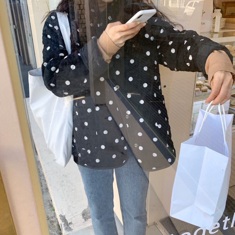 Polka Dot Round Neck Loose Double Pocket Quilted Jacket