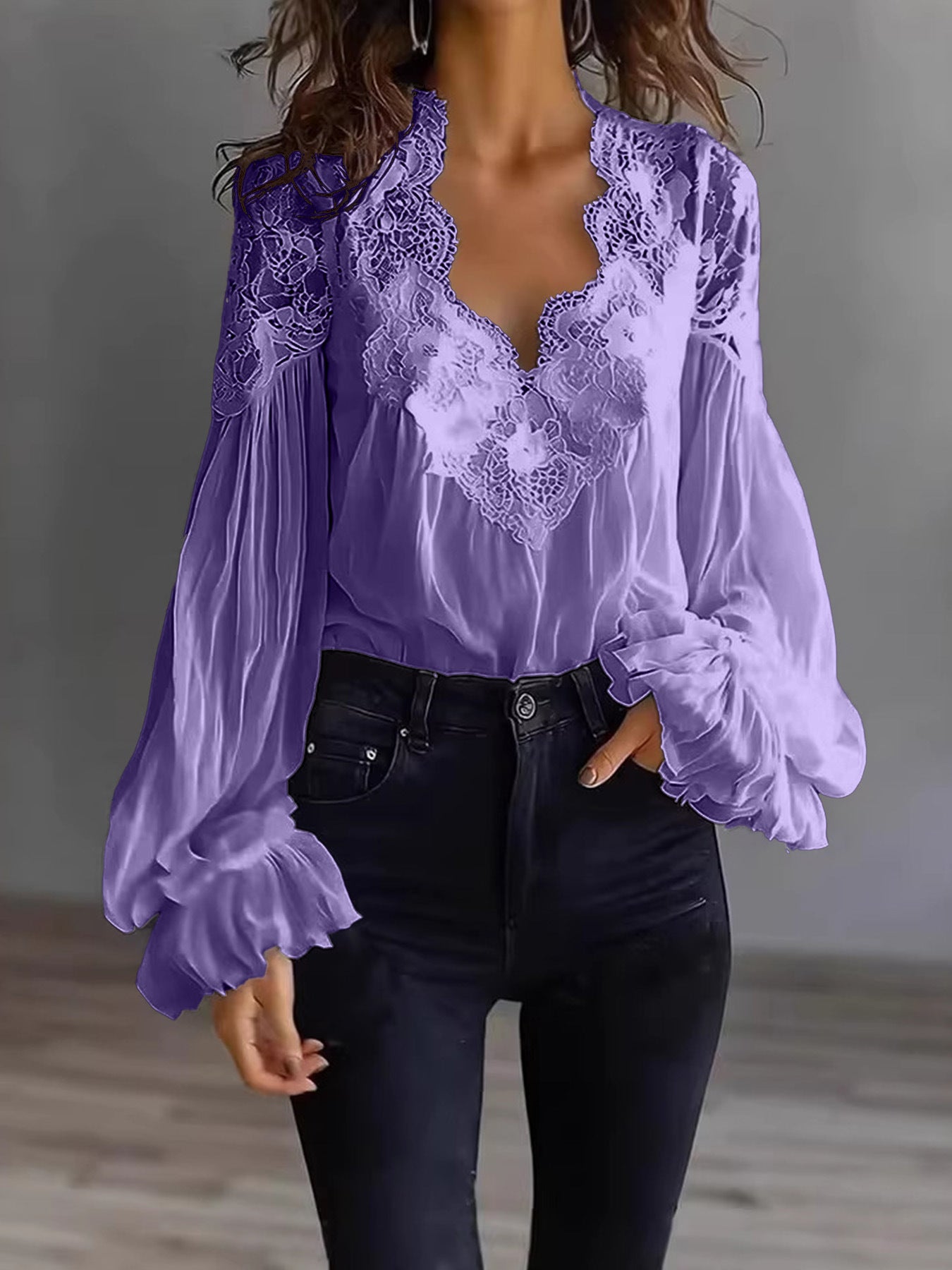 Lace-panelled Ruffled Puff-sleeve Pleated Shirt
