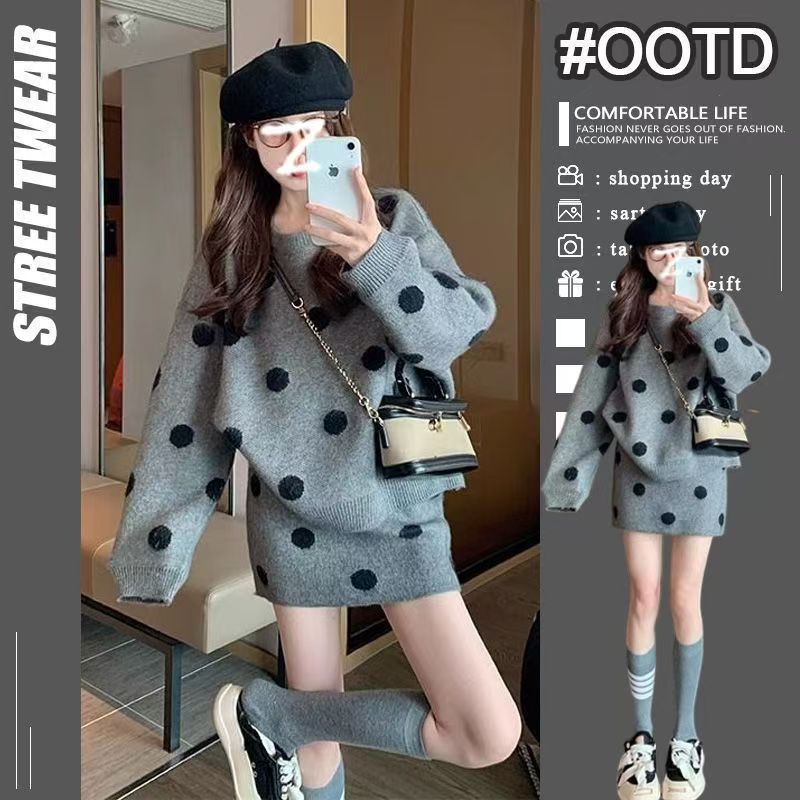 Fashion Casual Loose Knitted Top Sweater Dress Two-piece Set