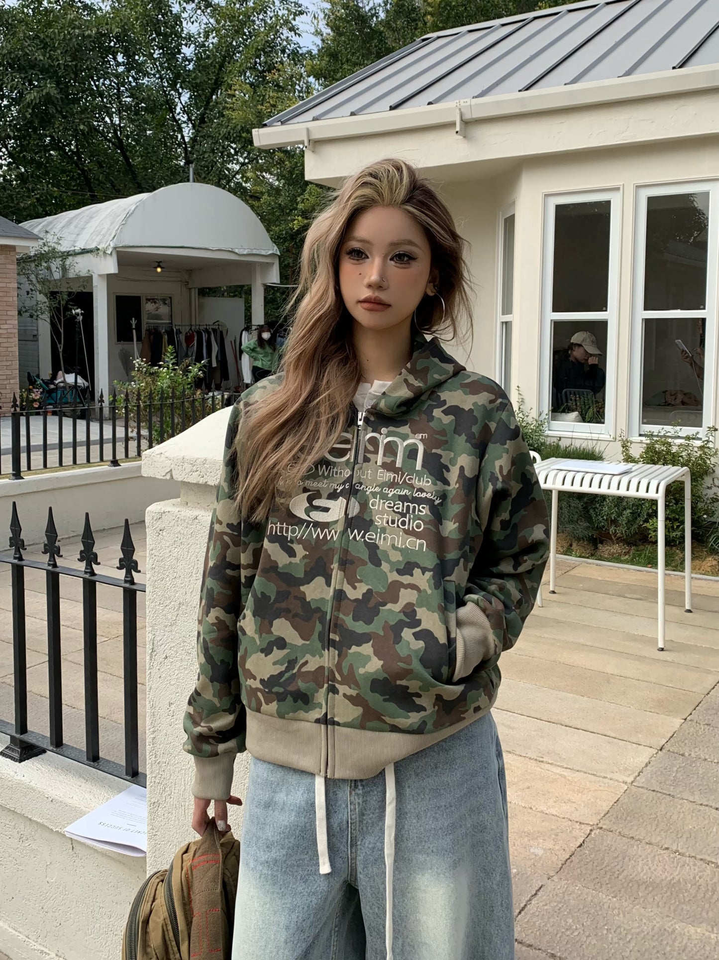 Women's Cardigan Retro Alphabet Camouflage Hooded Short Sweater Jacket