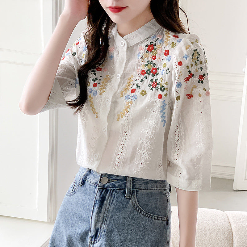 Women's Shirt Vintage Embroidered Jacquard Shirt Fresh Romantic Gentle Stand-up
