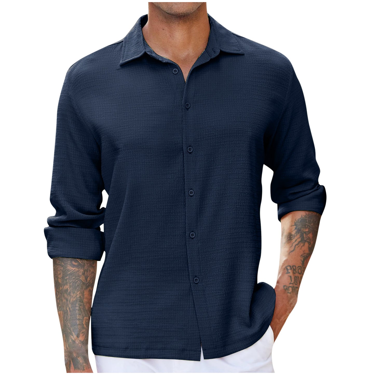 New Mens Casual Bubble-crease Shirt With A Turn-down Collar