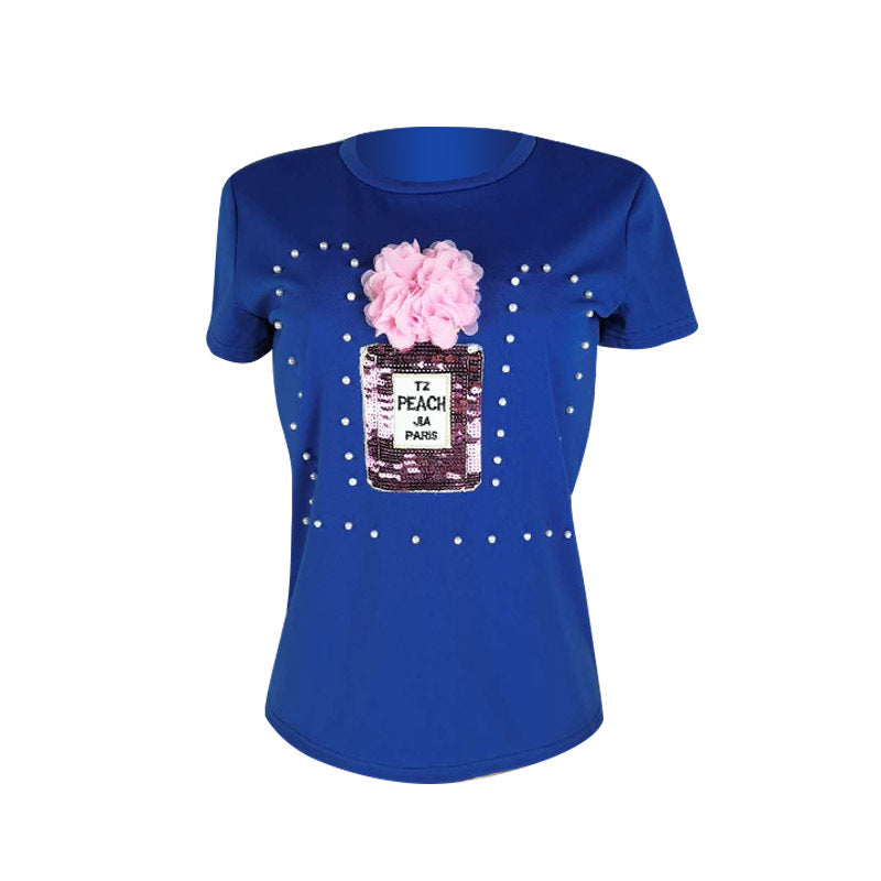 Women's Summer Pearl Sequin Applique T-Shirt Short Sleeve