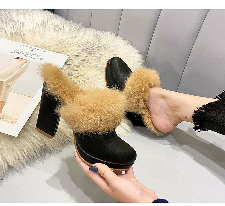 Fluffy halve hjemmesko til kvinder med tyk hæl og fleece, der matcher alt