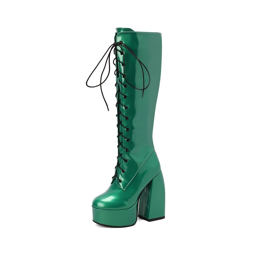 Womens Round-Toe Lace-Up Chunky-Heel Patent Leather Over-the-Knee Boots