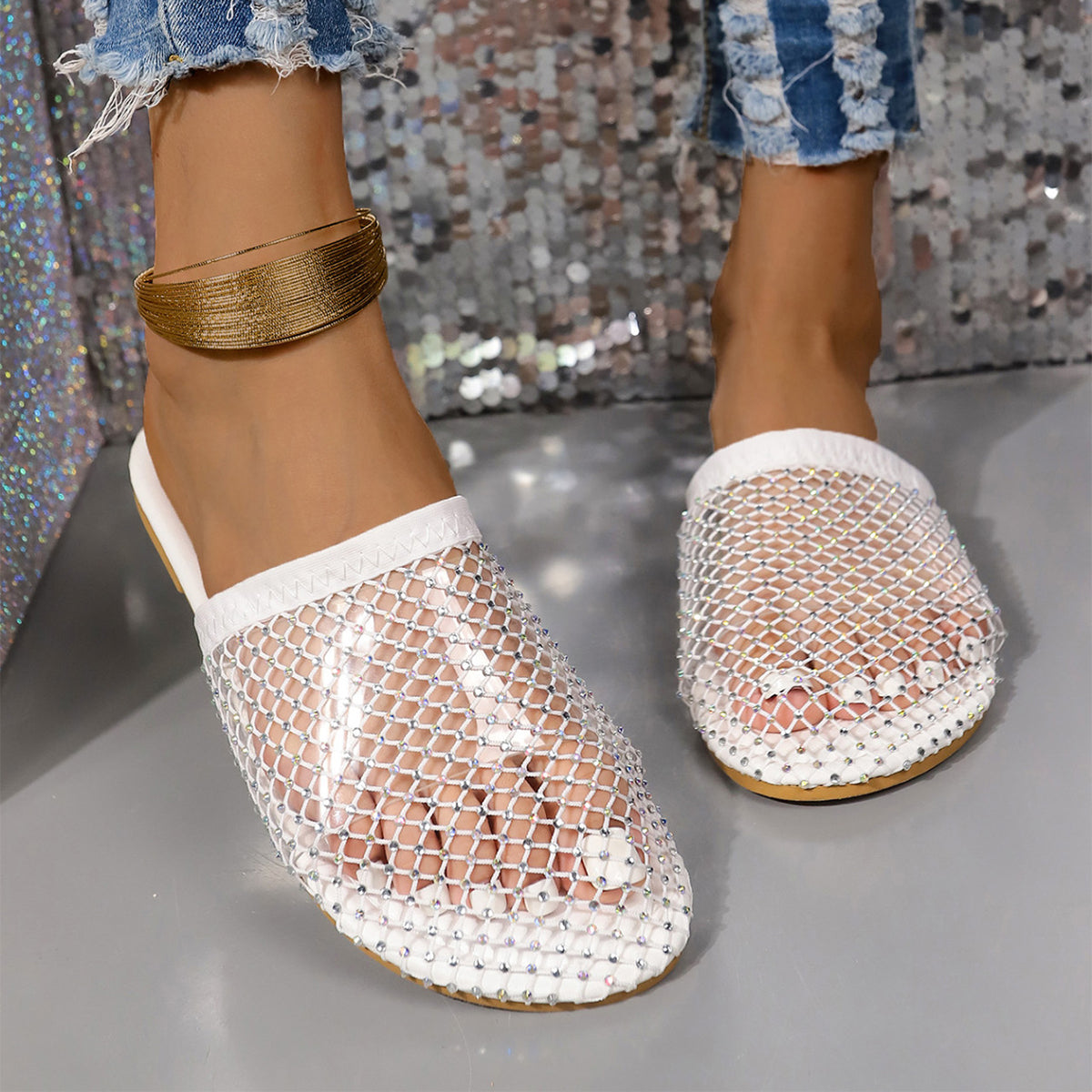 Hule Gennemsigtige Sandaler Med Rhinestones Sommer Mode Udendørs Hjemmesko Flade Sko Til Kvinder