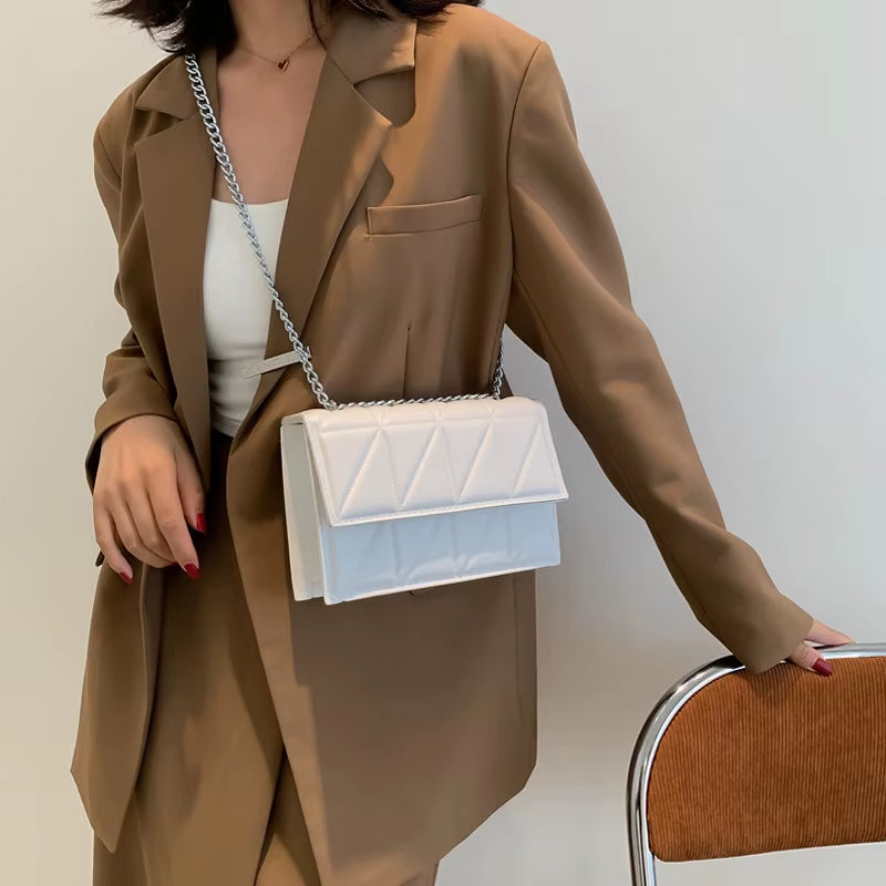 Solid Color Chain Strap Flap Shoulder Bag for Women, Embroidered Plaid Crossbody Handbag for Everyday Use