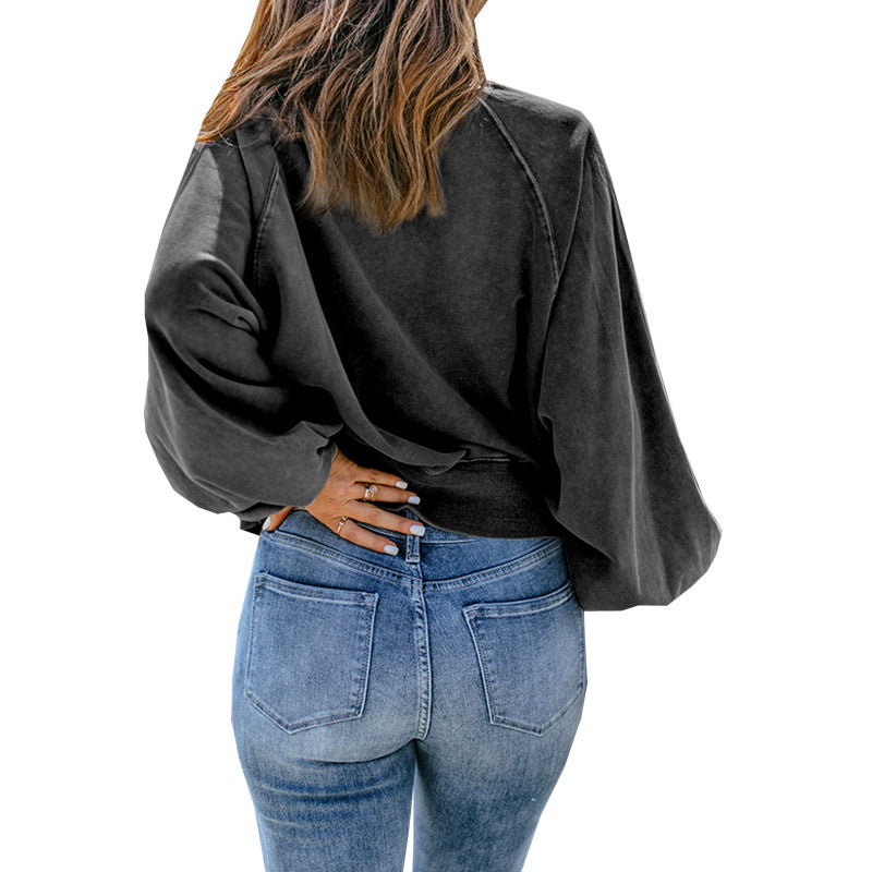 Long-sleeve Blue-dyed V-neck Pullover Sweatshirt