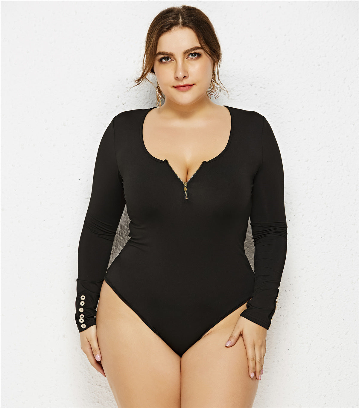 Long Sleeve Round Neck Zipper Bodysuit Fashion  Bottoming Shirt