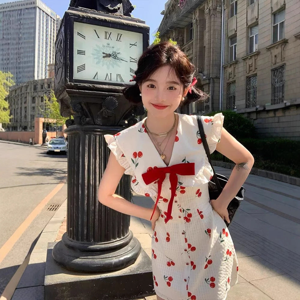 Fitted Slimming Cherry-Print Lapel Dress For Women