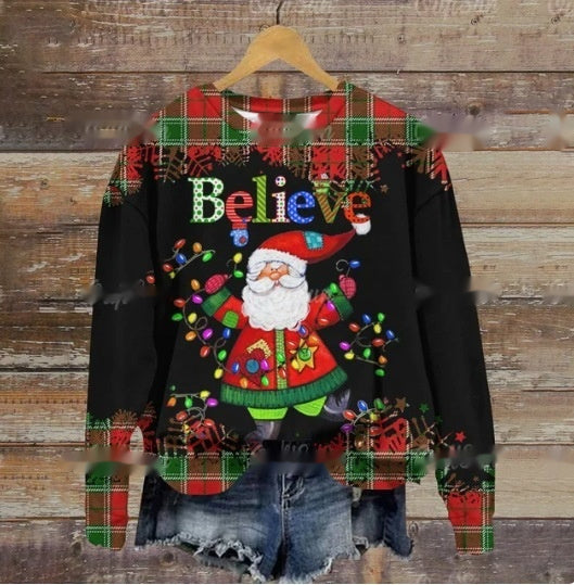 Autumn And Winter Ladies Funny Print Christmas Holiday Casual Round Neck Sweater