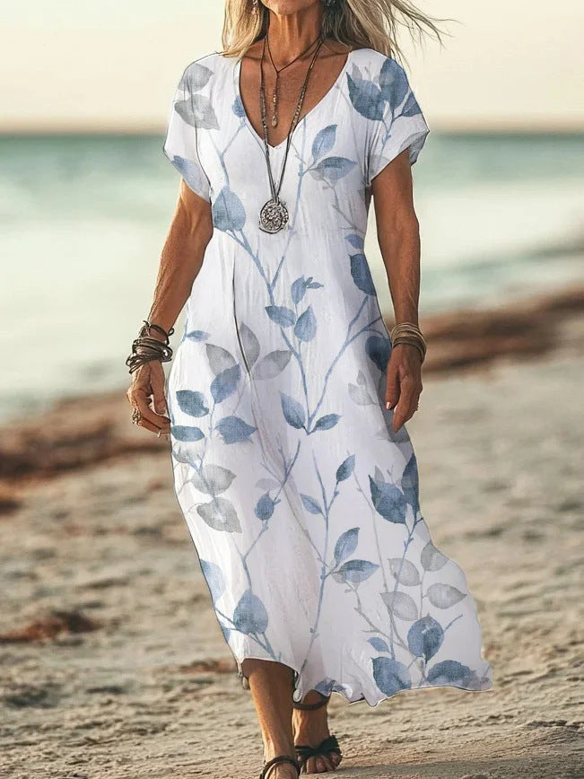 Womens Floral V-Neck Short-Sleeve Dress