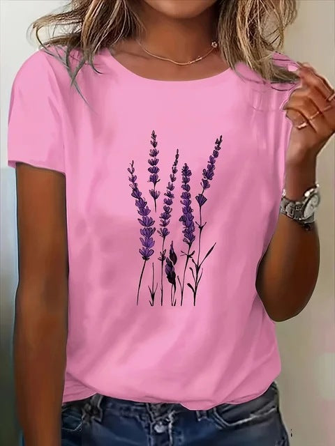 Womens Casual Floral-print T-shirt With A Crew Neck