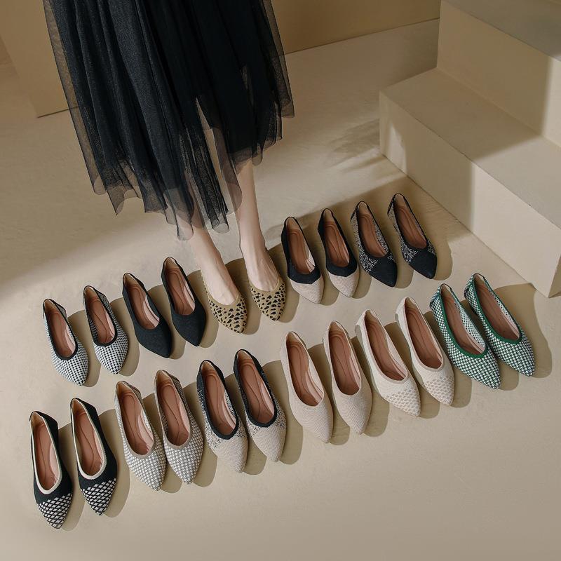 Soft Bottom Woven Pointed Toe Wedge Flyknit Pumps Breathable Flat Women's Shoes