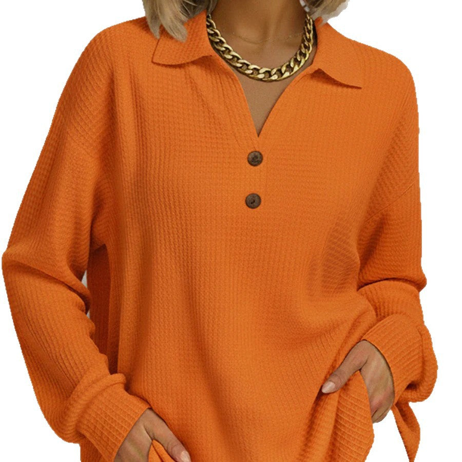 Fashion V-neck Button Solid Color Loose Long Sleeve Pullover