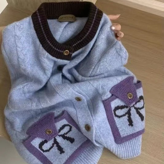 Contrast Color And Versatile Bow Pocket Sweater