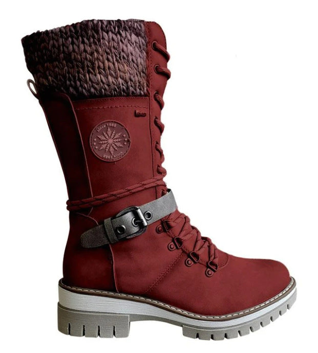 Round-toe Square-heel Leather-buckle Knit-mesh Dr Martens-style Boots