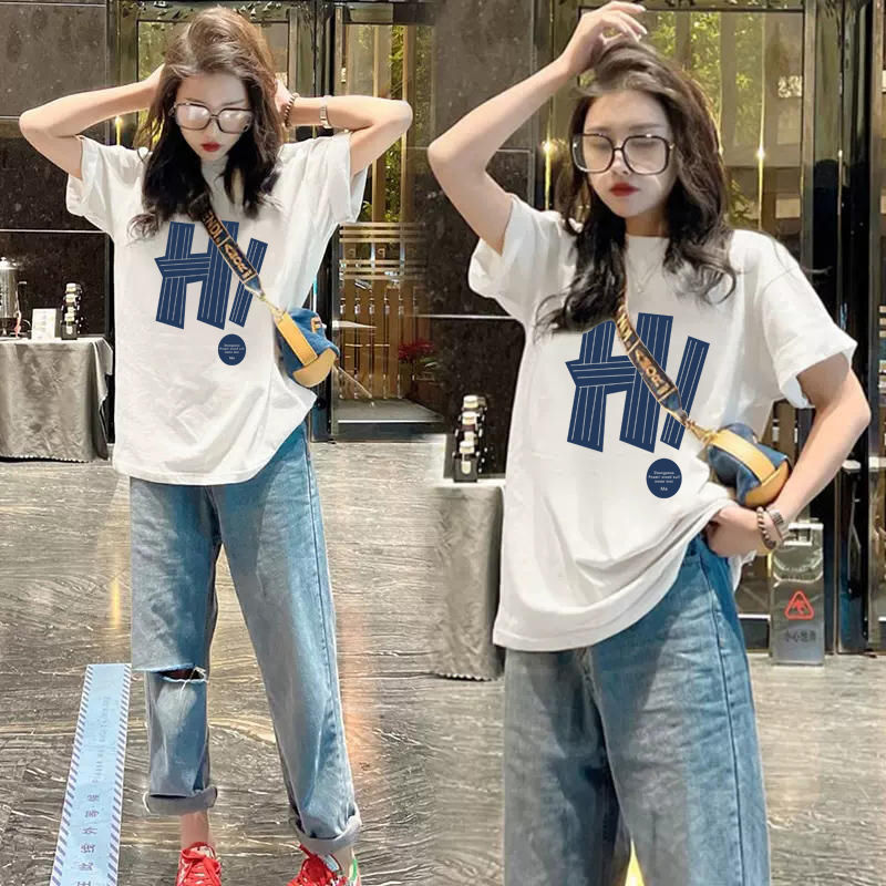 All-matching Letter Print Short-sleeve T-shirt Women's Round Neck Top