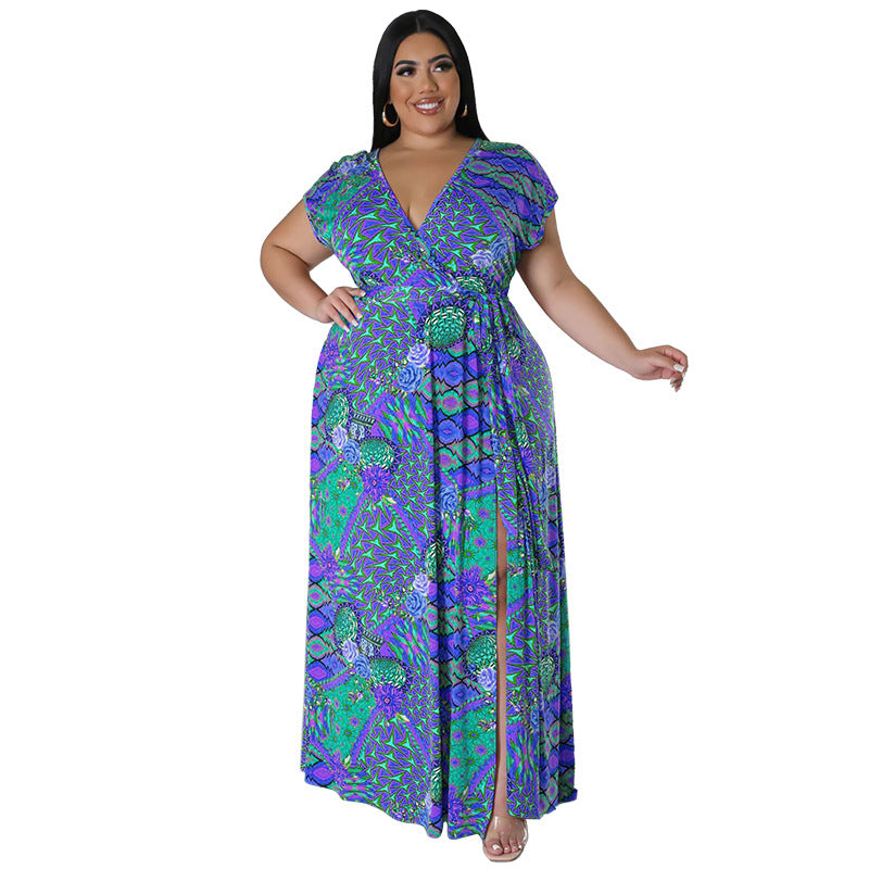 Persian-style V-neck Short-sleeve Split Maxi Dress In Plus Sizes