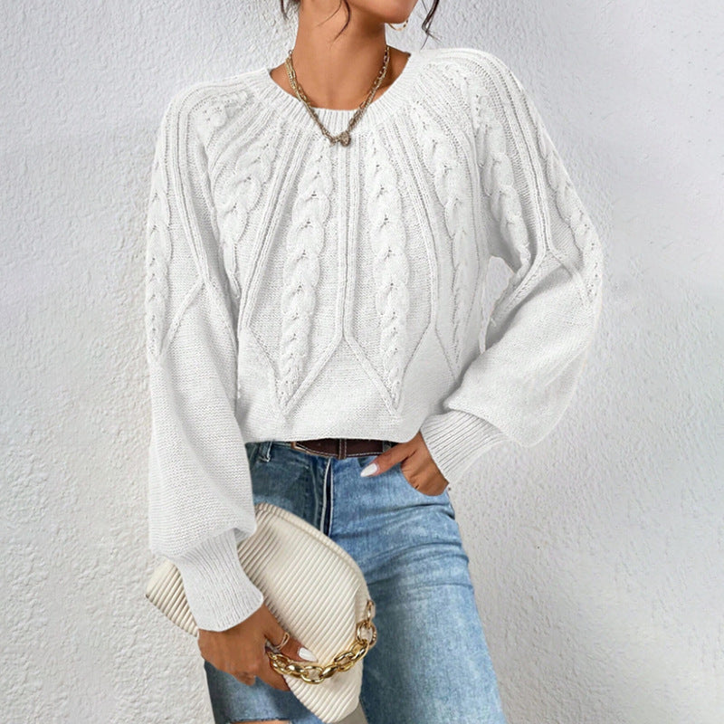 Round Neck Knitted Sweater Female Twist Thread Solid Color Versatile Casual Top