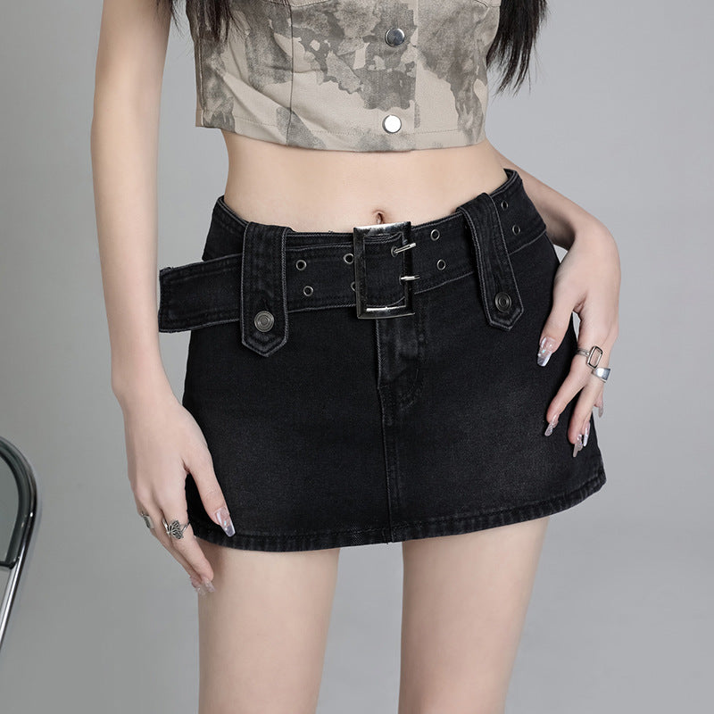 line Figure-flattering Vintage-style Lined Blue Denim Skirt For Women