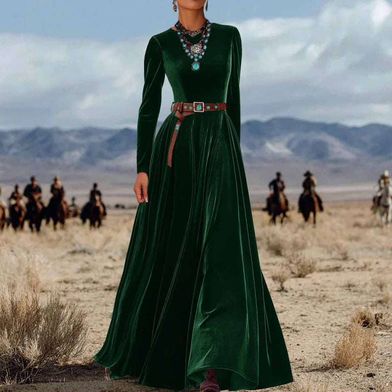 Elegant efterårsvinter langærmet kjole i fløjl med western-stil