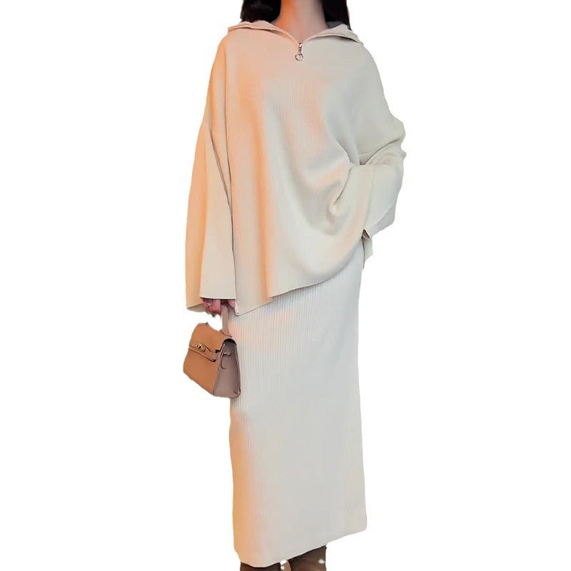 Fashion Solid Color Loose Zip Casual Skirt Suit Women