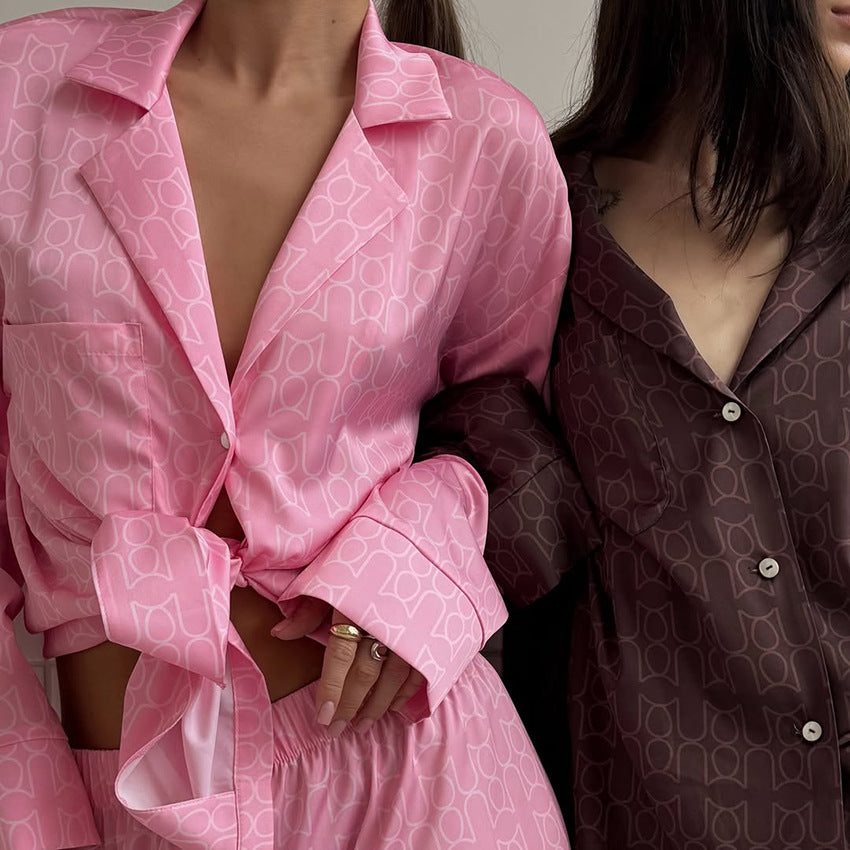 Womens Printed Loose-Fit Long-Sleeve Pajama Set With Pants