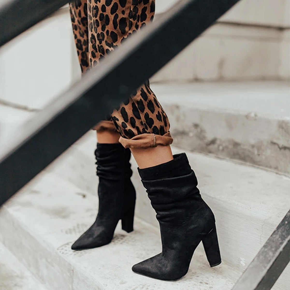 Side Zip High Block Heel Plus Size Short Boots