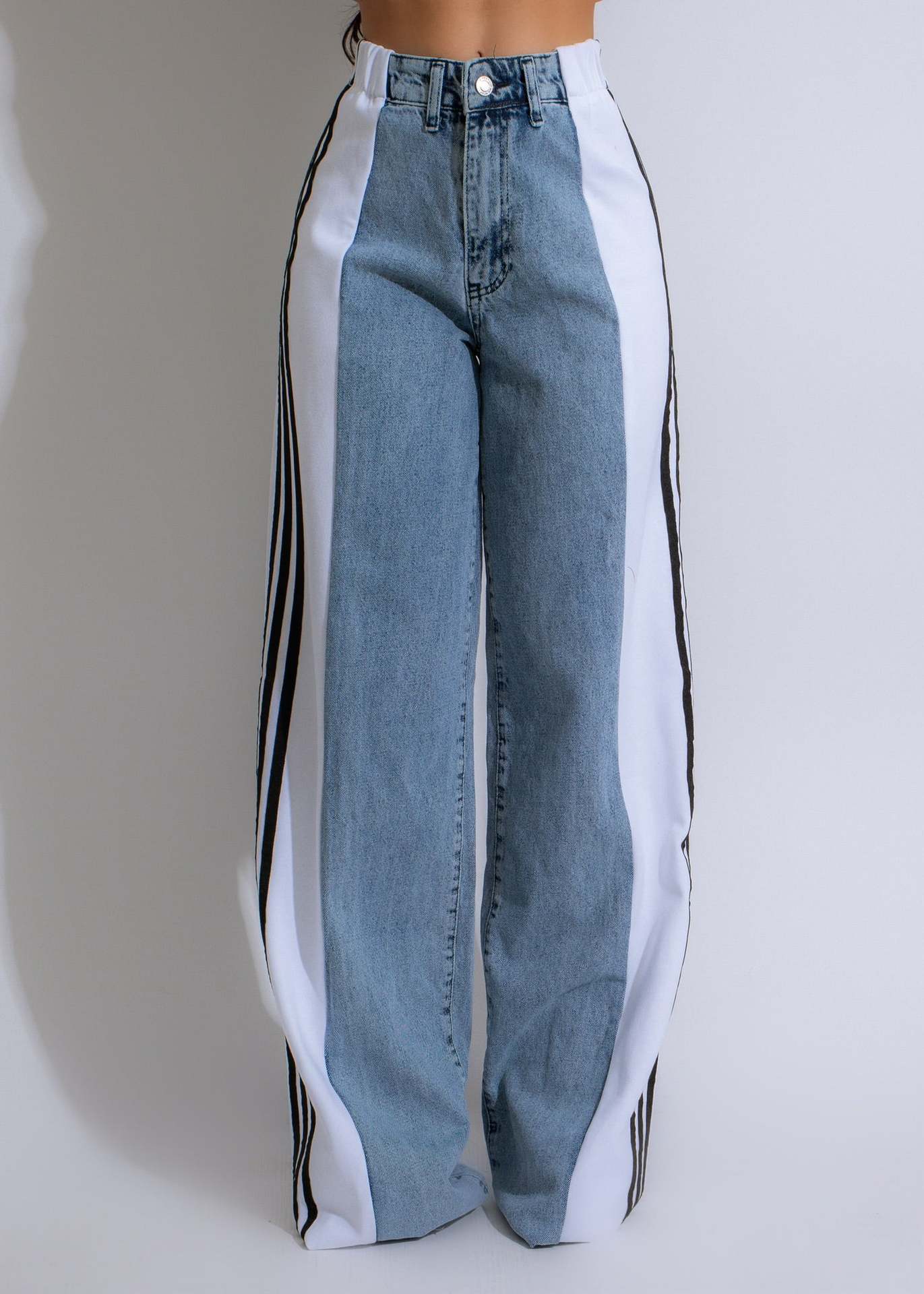 Summer Fashion Stitching Three Striped Wide Leg Denim Trousers For Women