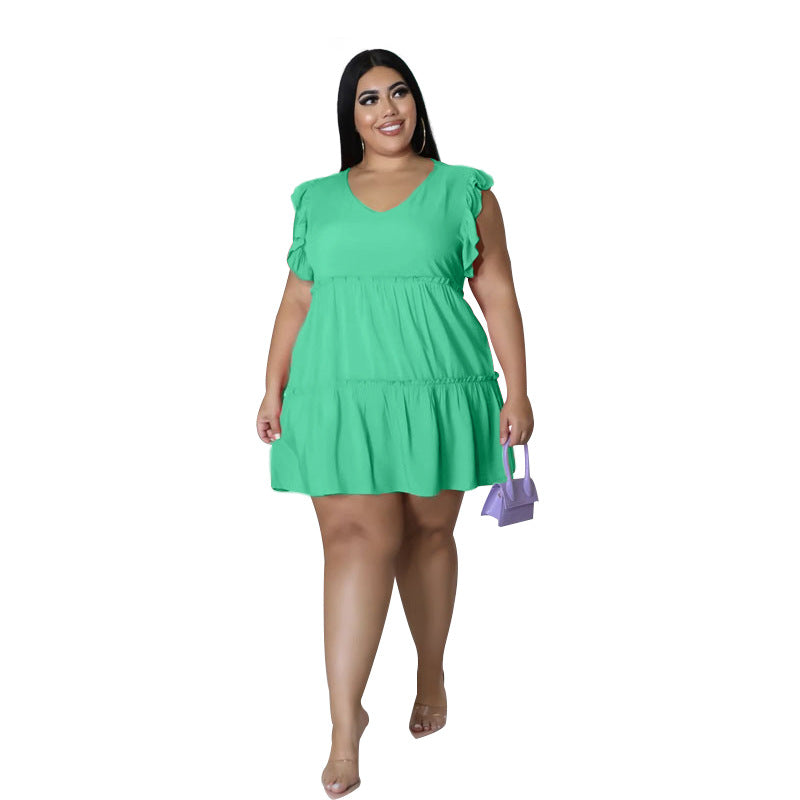 Women's Solid Color Casual V-neck Sleeveless Ruffled Pleated Skirt