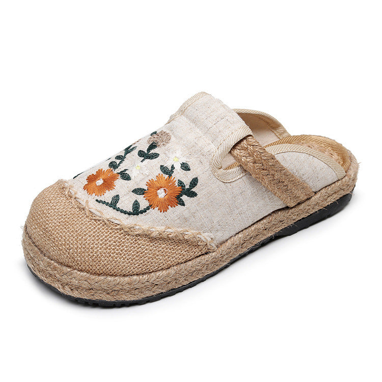 Low Top Round Toe Linen Flat Flat Brown Shoes