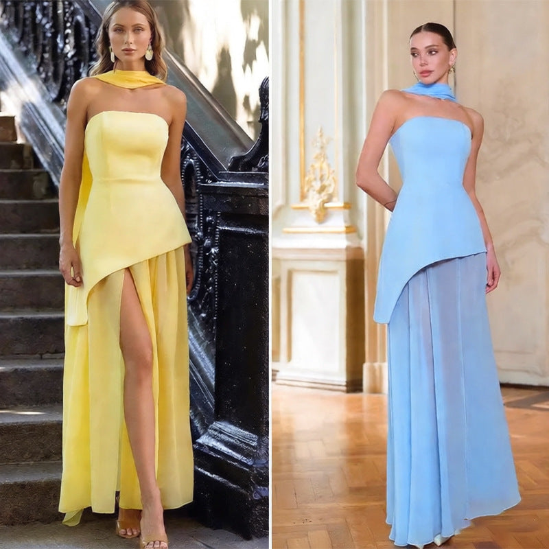 Womens Solid-Color Strapless Dress With Fluttering Ties And A Slit