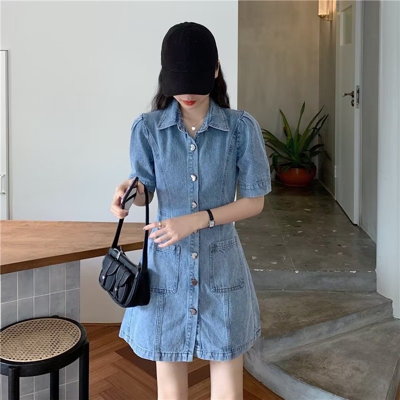 Cleverly Designed Cropped Denim Dress With A Midriff-baring Cut