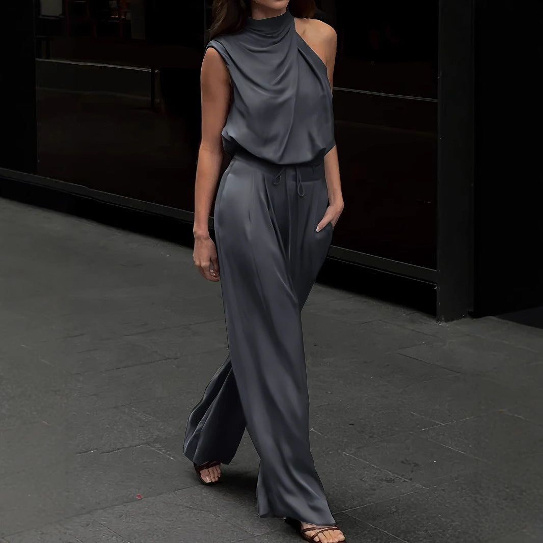 Womens Fashion Solid Color Turtleneck Sleeveless Top High-Waist Straight-Leg Wide-Leg Pants Set