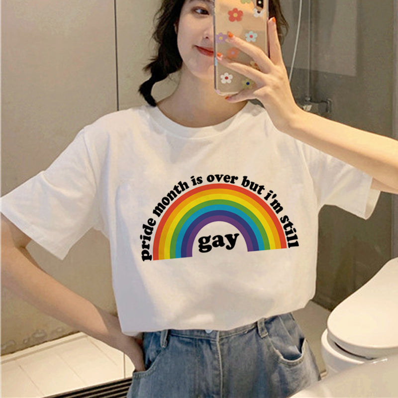 Personality Couple Wear Rainbow Letter Print Casual Short Sleeve T-Shirt
