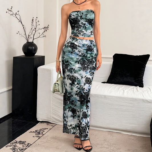 Sleeveless Printed Skirt Set Fashionable And Elegant Two-Piece Womens Outfit