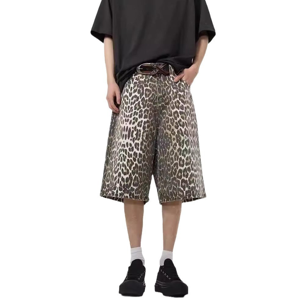 Retro High Street Leopard Print Denim Shorts