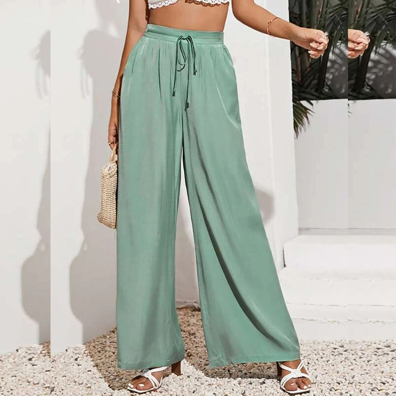 European And American Summer Pure Color Elastic Waist Lace-up Loose Wide-leg Pants