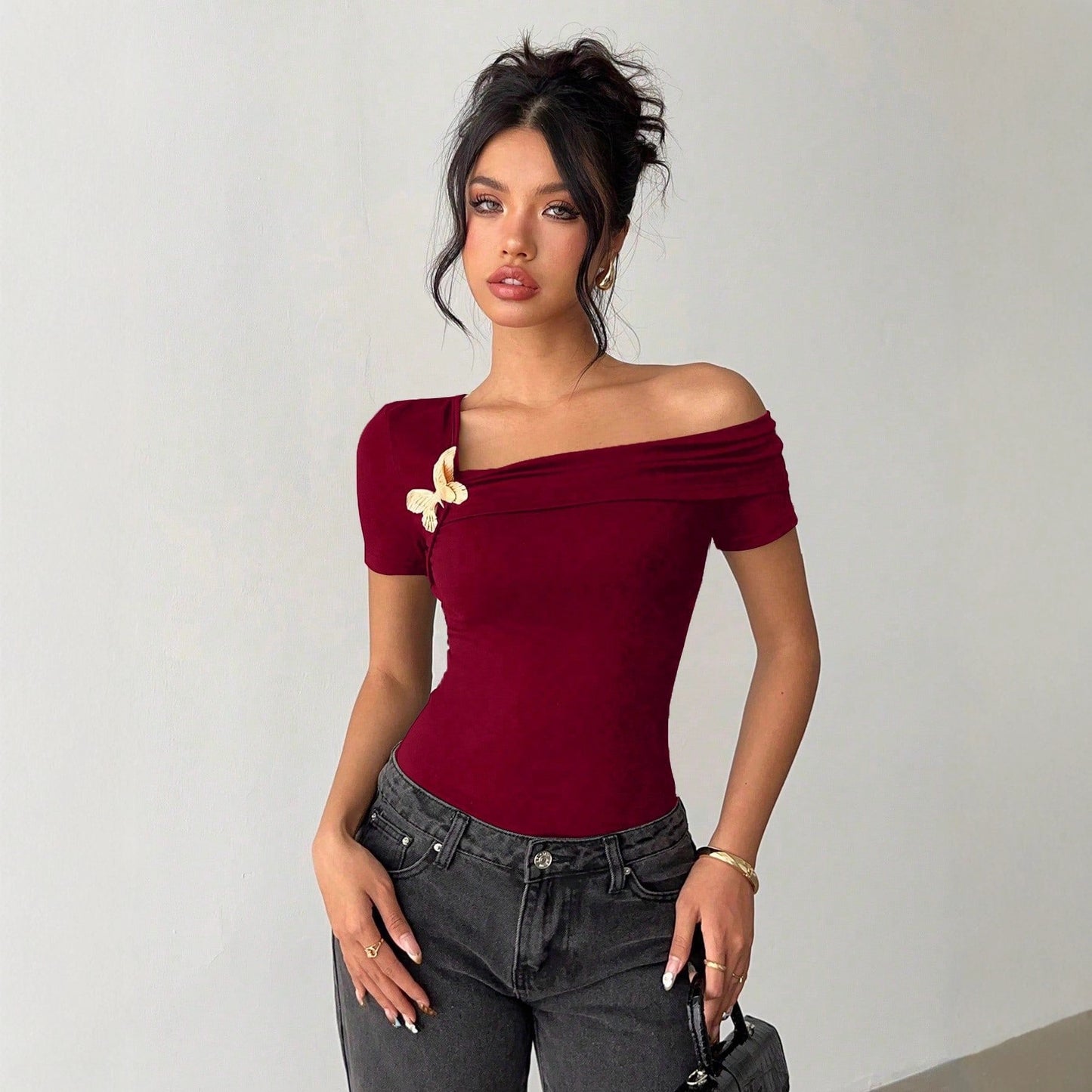 Womens Solid-Color Elegant Minimalist Off-Shoulder Top