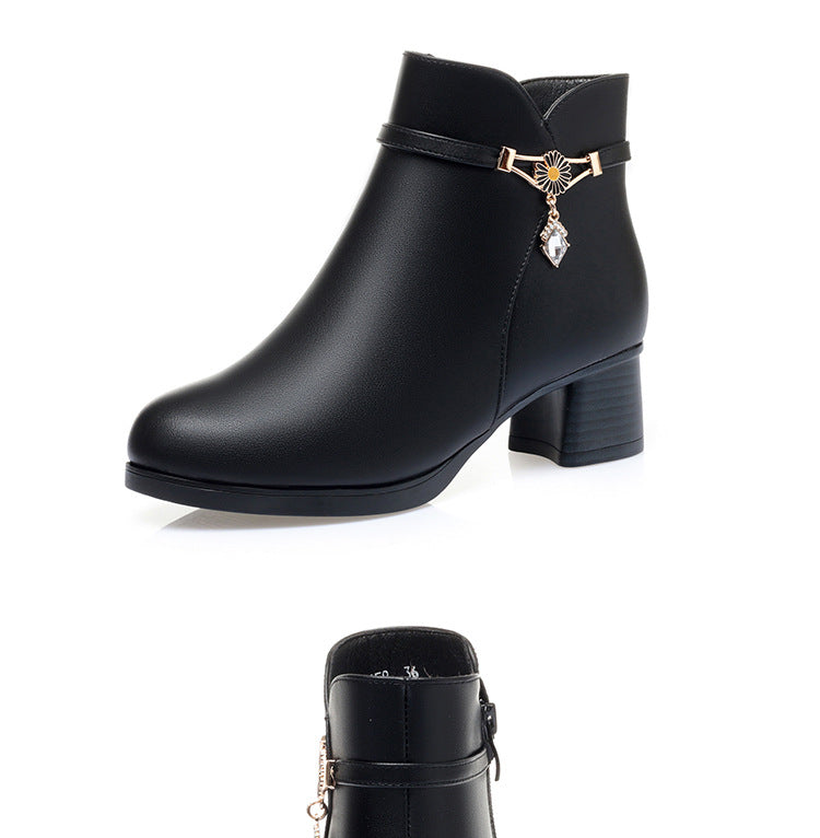 Autumn And Winter Plus Cashmere Leather Casual Short Tube Autumn And Winter Cotton Boots